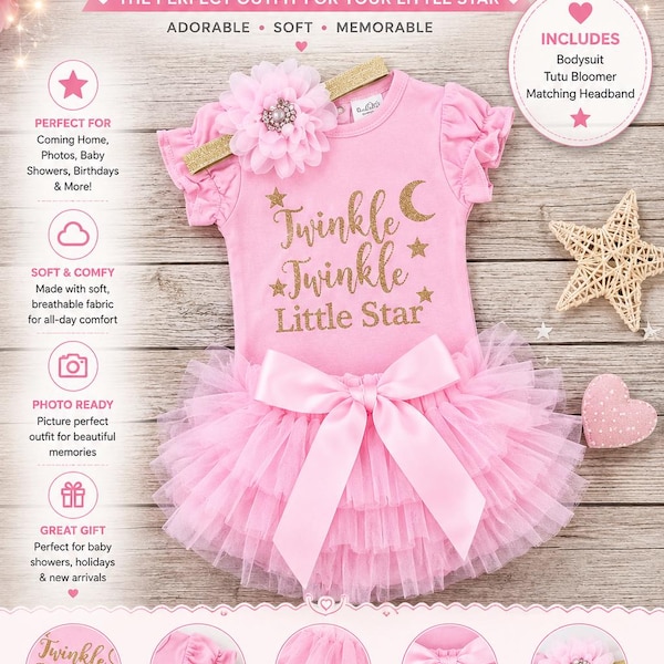 Ensemble bébé fille « Brille, brille petite étoile » | Tenue de sortie de maternité | Tenue nouveau-né | Cadeau de naissance | Ensemble tutu et bloomer