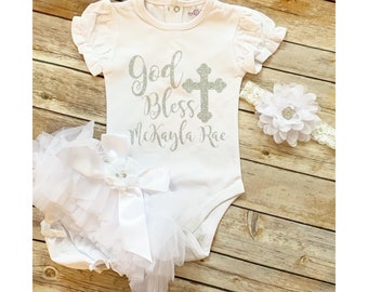 Personalized Baby Girl Baptism Outfit: God Bless Bodysuit