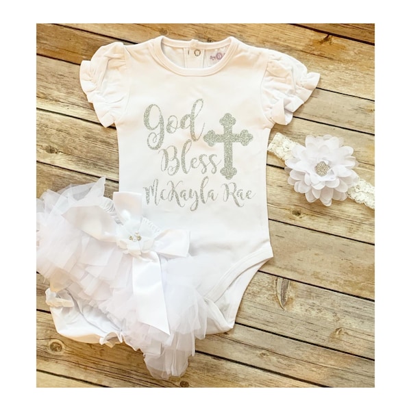 Baptism outfit baby girl , baptism bodysuit, God Bless, personalized christening outfit