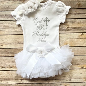 Baptism outfit baby girl , baptism bodysuit, God Bless, personalized christening outfit image 5