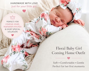 Floral Baby Girl Coming Home Outfit Cotton Zipper bodysuit & Headband