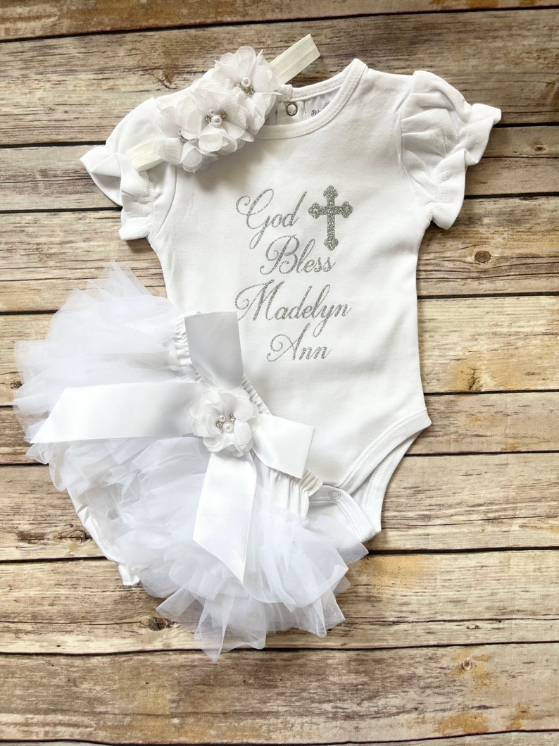 Baptism outfit baby girl , baptism bodysuit, God Bless, personalized christening outfit image 6