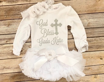 Baptism Outfit Baby Girl , Baptism Dress, Baptism Bodysuit, God Bless, personalized christening outfit , Baby Girl Clothes