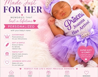 May include: A newborn doll wearing a white onesie with the purple text Princess Joanna Has Arrived, a white hat with a purple bow and pearl crown, and a purple tulle tutu skirt with a pearl crown accent. The image includes promotional text.