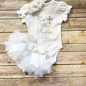 Baptism outfit baby girl , baptism bodysuit, God Bless, personalized christening outfit image 2