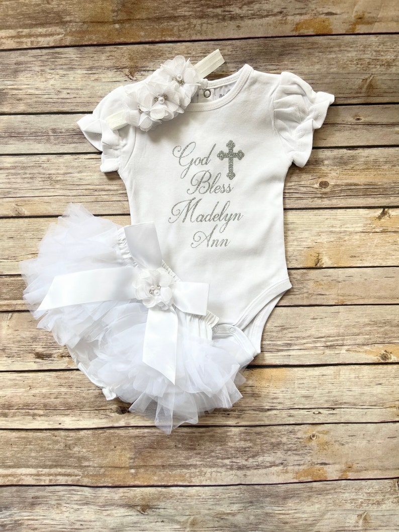 Baptism outfit baby girl , baptism bodysuit, God Bless, personalized christening outfit image 2