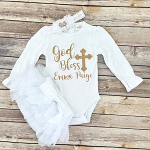 Baptism outfit girl gold / Baptism gift baby girl / God Bless Outfit/  Personalized Christening outfit