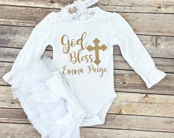 Personalized Baptism Outfit Girl: Gold Glitter Bodysuit, Bloomer, Headband