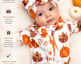 Baby Girl Thanksgiving Outfit | Pumpkin Romper & Matching Bow Headband | Fall Baby Outfit | First Thanksgiving Outfit | Baby Shower Gift