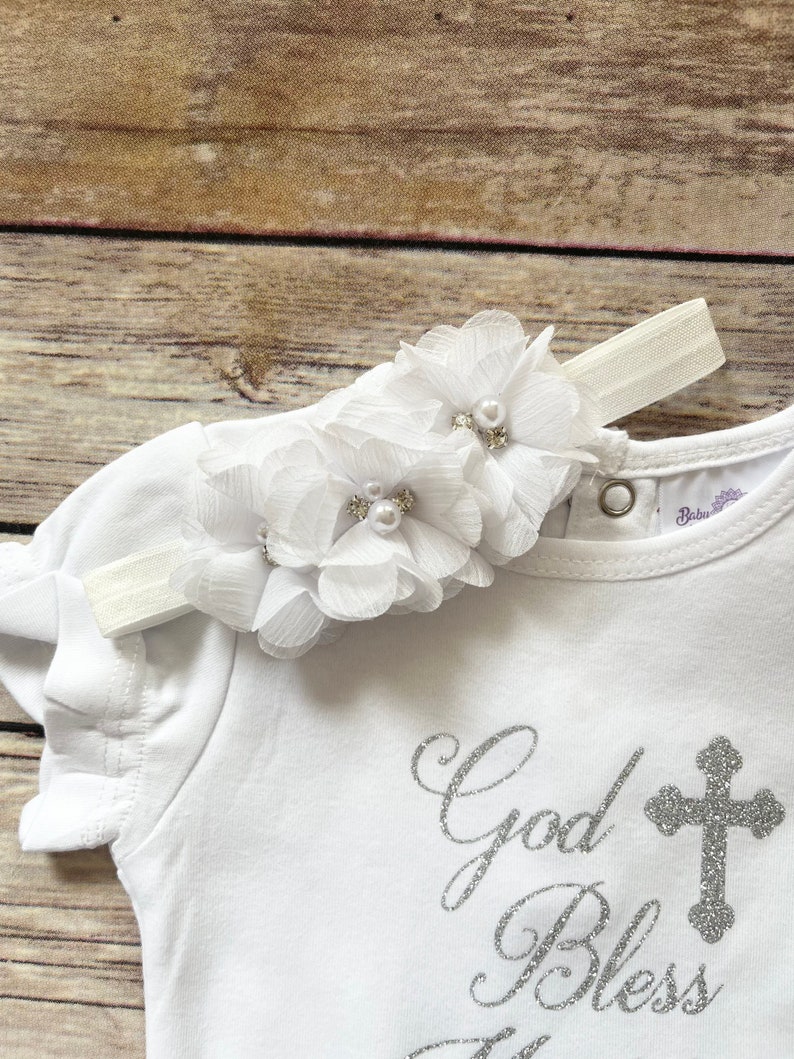 Baptism outfit baby girl , baptism bodysuit, God Bless, personalized christening outfit image 9