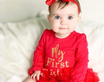 Baby's First Christmas Outfit: Red Ruffle bodysuit , Sequin Headband