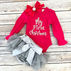 Baby&#39;s First Christmas Outfit: Glitter Onesie, Bloomer Set & Sequin Headband