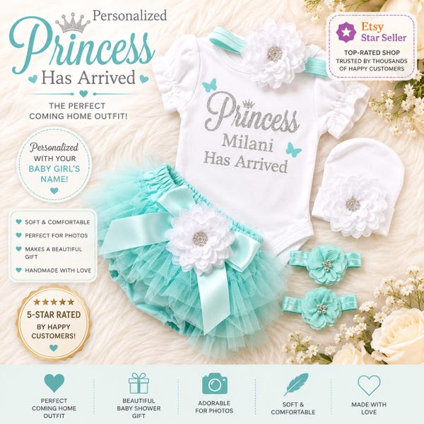 Tenue personnalisée pour la sortie de la maternité de bébé fille : body turquoise, bloomer et bandeau