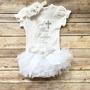 Baptism outfit baby girl , baptism bodysuit, God Bless, personalized christening outfit image 7