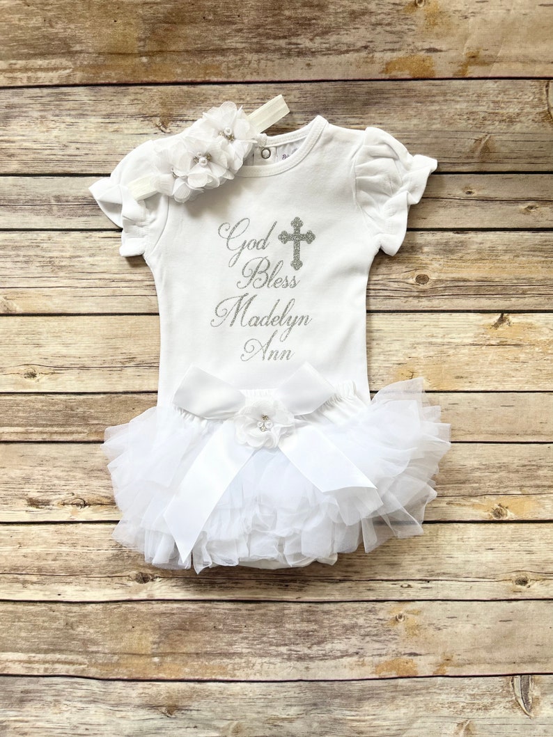 Baptism outfit baby girl , baptism bodysuit, God Bless, personalized christening outfit image 7