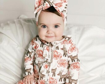 Rudolf Baby Girl First Christmas Outfit: Cotton Zipper Romper & Headband