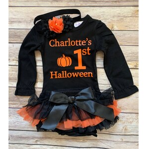 My First Halloween Baby Girl Outfit Ruffled bodysuit , Bloomers & Headband