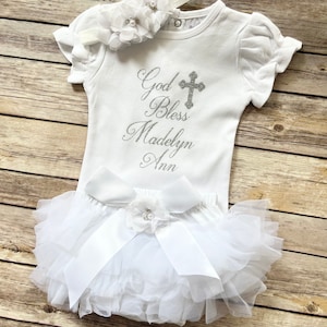 Baptism outfit baby girl , baptism bodysuit, God Bless, personalized christening outfit image 3