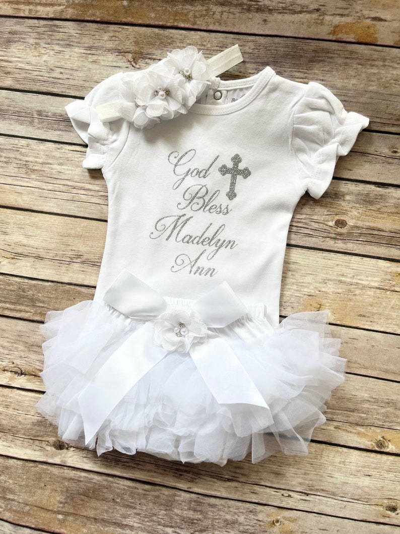 Baptism outfit baby girl , baptism bodysuit, God Bless, personalized christening outfit image 3