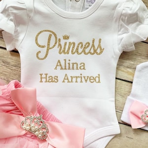 The Princess Has Arrived / Baby Girl Coming Home Outfit / Personalized / Gold Coming Home Outfit image 5