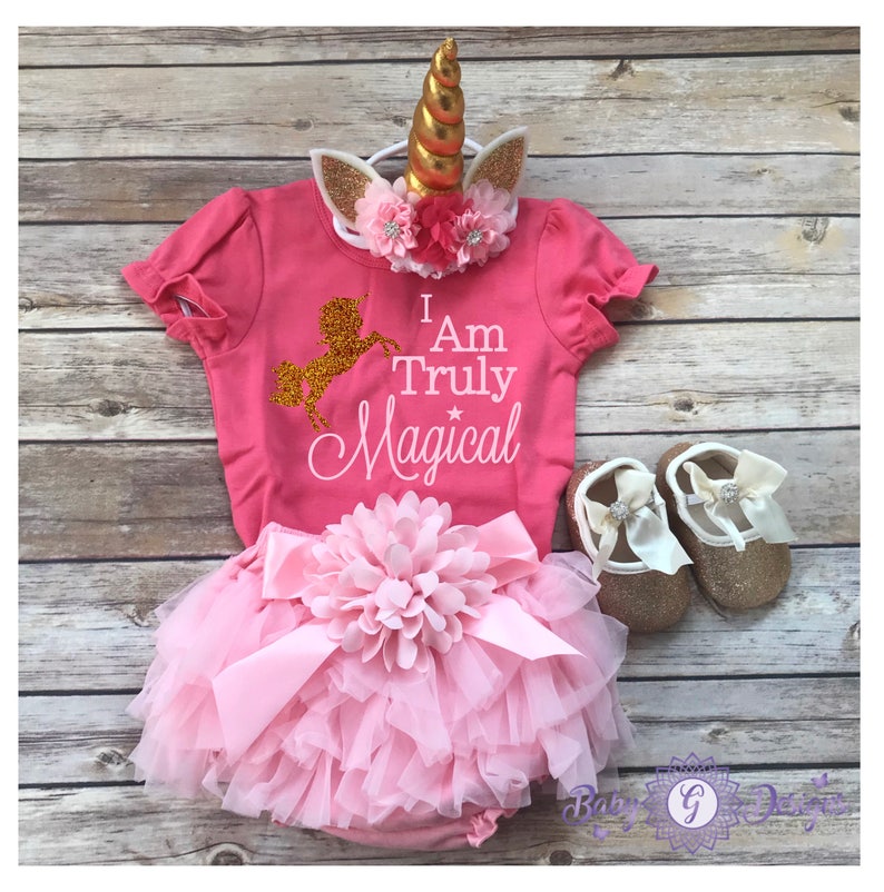 Unicorn theme birthday Unicorn party Unicorn horn first birthday outfit baby girl i am magical onesie