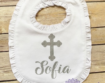 Personalized Christening Bib: Ruffle Trim, Custom Name & Cross