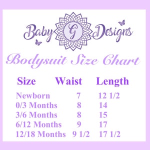 May include: A chart showing bodysuit sizes for newborns and babies up to 18 months. The chart lists the size, waist measurement in inches, and length measurement in inches.