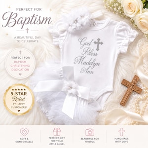Conjunto personalizado para bautizo de niña: body brillante, bombachos y diadema.