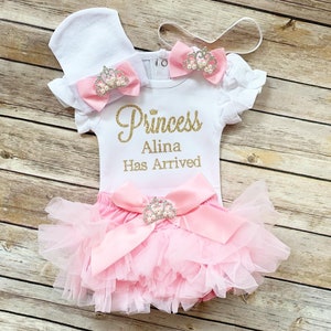 The Princess Has Arrived / Baby Girl Coming Home Outfit / Personalized / Gold Coming Home Outfit image 1