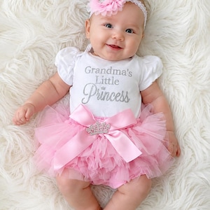 Grandma's Little Princess Baby Outfit: Glitter Bodysuit, Crown Headband