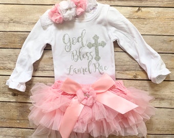 Personalized Baby Girl Baptism Outfit: God Bless Onesie, Pink Bloomers