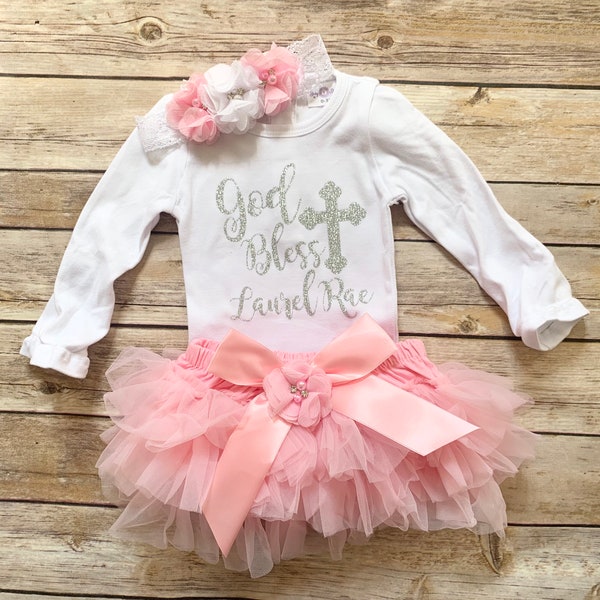 Baptism outfit girl / Baptism gift baby girl / God Bless Outfit/  Personalized Christening outfit