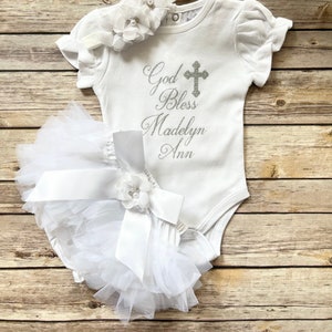 Baptism outfit baby girl , baptism bodysuit, God Bless, personalized christening outfit image 1