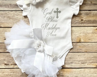 Baptism outfit baby girl , baptism bodysuit, God Bless, personalized christening outfit