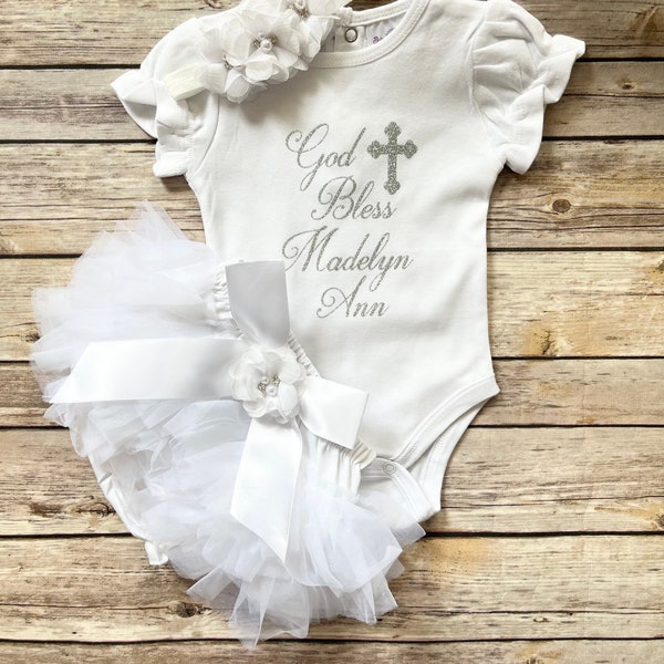 Baptism outfit baby girl , baptism bodysuit, God Bless, personalized christening outfit