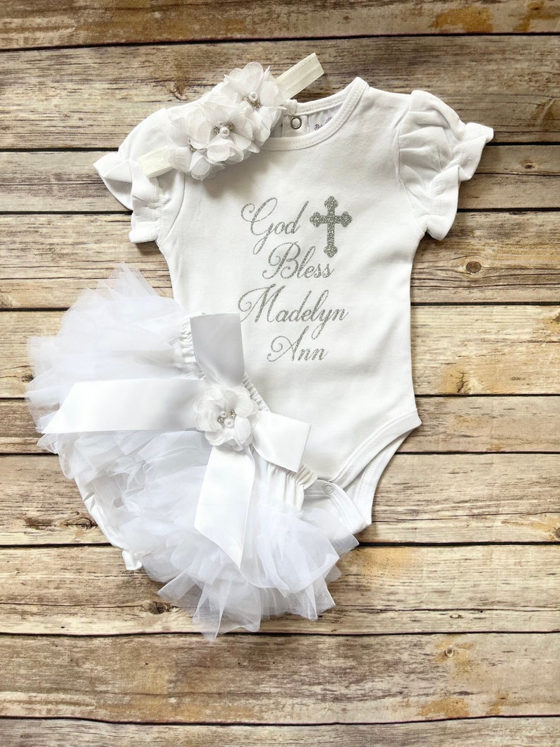 Baptism outfit baby girl , baptism bodysuit, God Bless, personalized christening outfit image 1