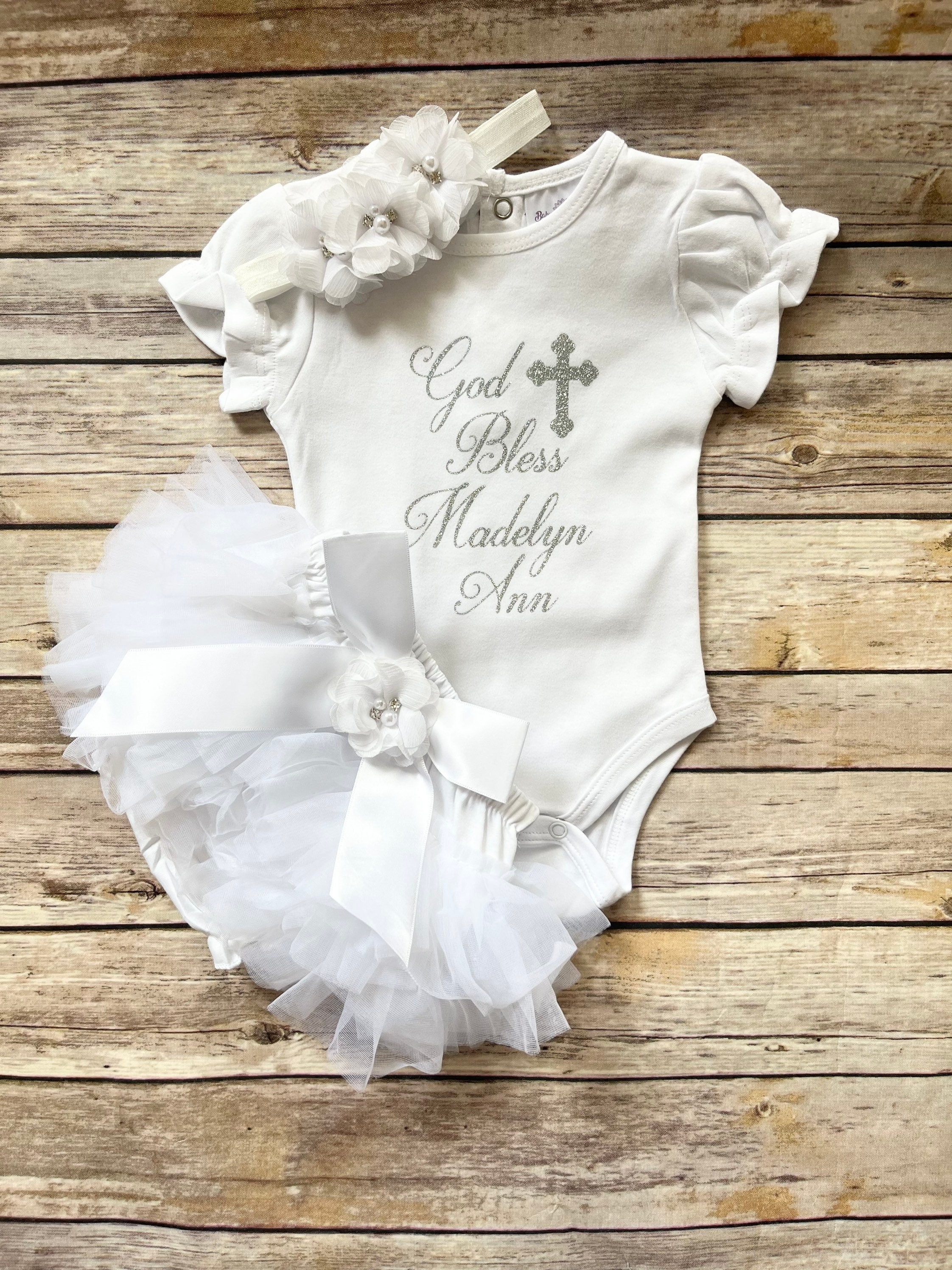 Personalized Baby Girl Baptism Outfit: Glitter Bodysuit, Bloomers & Headband