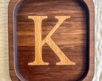 Decorative Initial Inlay Catchall Tray / Custom Personalized Wood Tray / Hand-made Catchall tray / Trinket Tray / Tray for wallet and keys