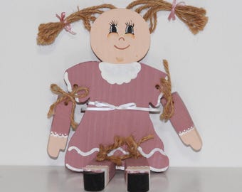 Small 11 Inch Wooden Hand painted Rag Doll with Jute Pigtails and Jointed Arms and Legs (FREE SHIPPING)