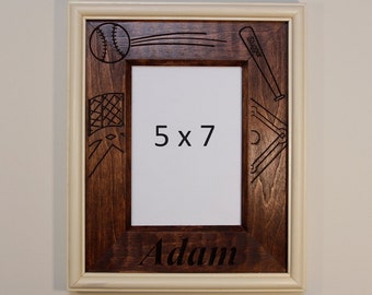 Personalized Baseball Engraved Stained Wood Picture Double Frame (5X7)