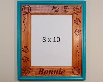 Personalized Cat Paws & Yarn Engraved Stained Wood Picture Double Frame (8X10)