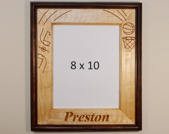 Personalized Basketball Engraved Stained Wood Picture Double Frame (8X10)