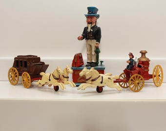 Vintage Cast Iron Uncle Sam Bank, Horse Covered Wagon, and Horse Fire Engine Wagon (FREE SHIPPING)