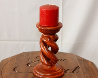 8"  Carved Hollow Spiral Solid Wood Candle Sticks (Set of 2)
