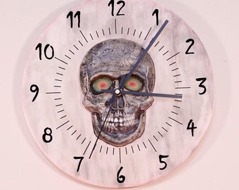 3D Skull Engraved Stained Wood Wall Clock (12")