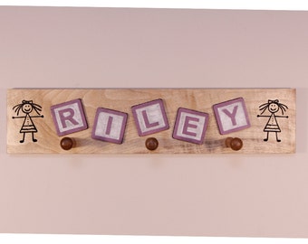 Personalized Baby Block Engraved Stained Wood Peg Rack (20" long)