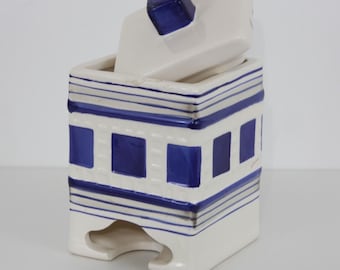 Vintage 5" Tall Blue and White Porcelain Sugar Pack Dispenser with Lid (FREE SHIPPING)