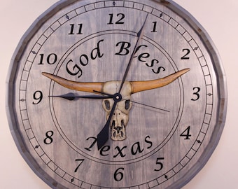 Texas Longhorn Engraved Stained Wood Clock - Handcrafted Barrel (24")
