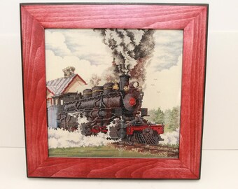 Steam Train Locomotive Handmade Cross Stitch Wall Hanging in Wooden Frame 14" x 14" (FREE SHIPPING)