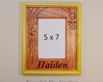 Personalized Basketball Engraved Stained Wood Picture Double Frame (5X7)